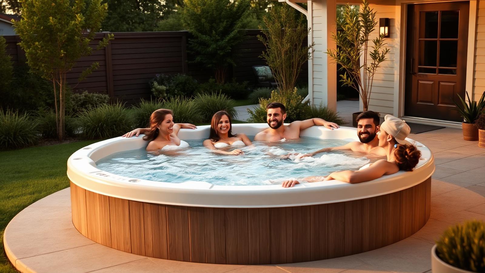 Grosse Familie gemeinsam in einem grossen runden Outdoor-Whirlpool